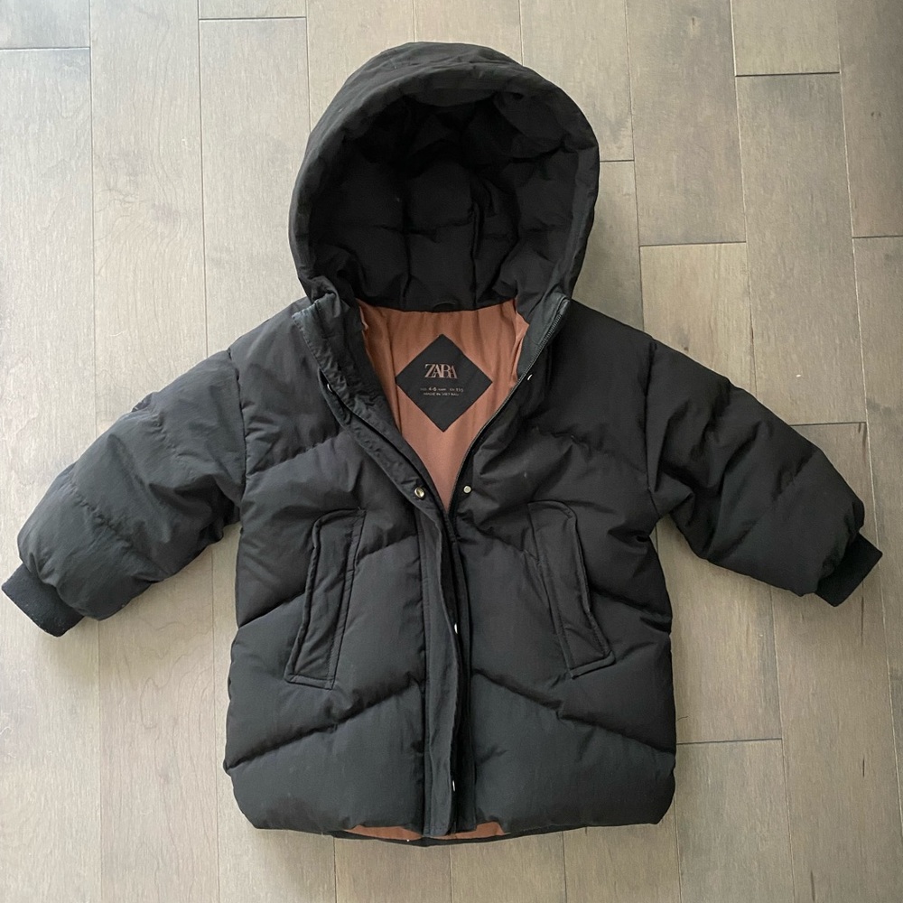 ZARA Toddler Unisex Black Down Puffer Hooded Coat Jacket 4-5Years